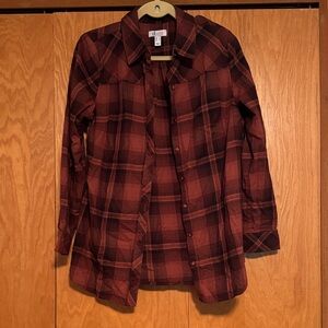 Denim&Co Orange and Black Plaid Button Down Shirt